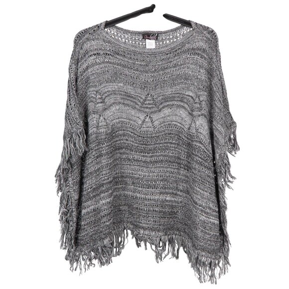 Gray Knit Boxy Poncho One Size Womens Fringed Hem Questions Say What Acrylic - Picture 1 of 6